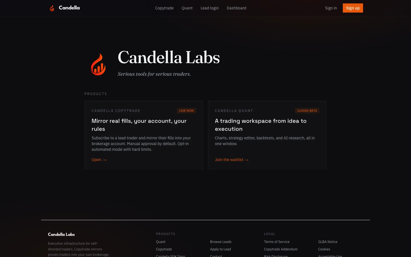 Candella Labs landing page introducing Candella Copytrade