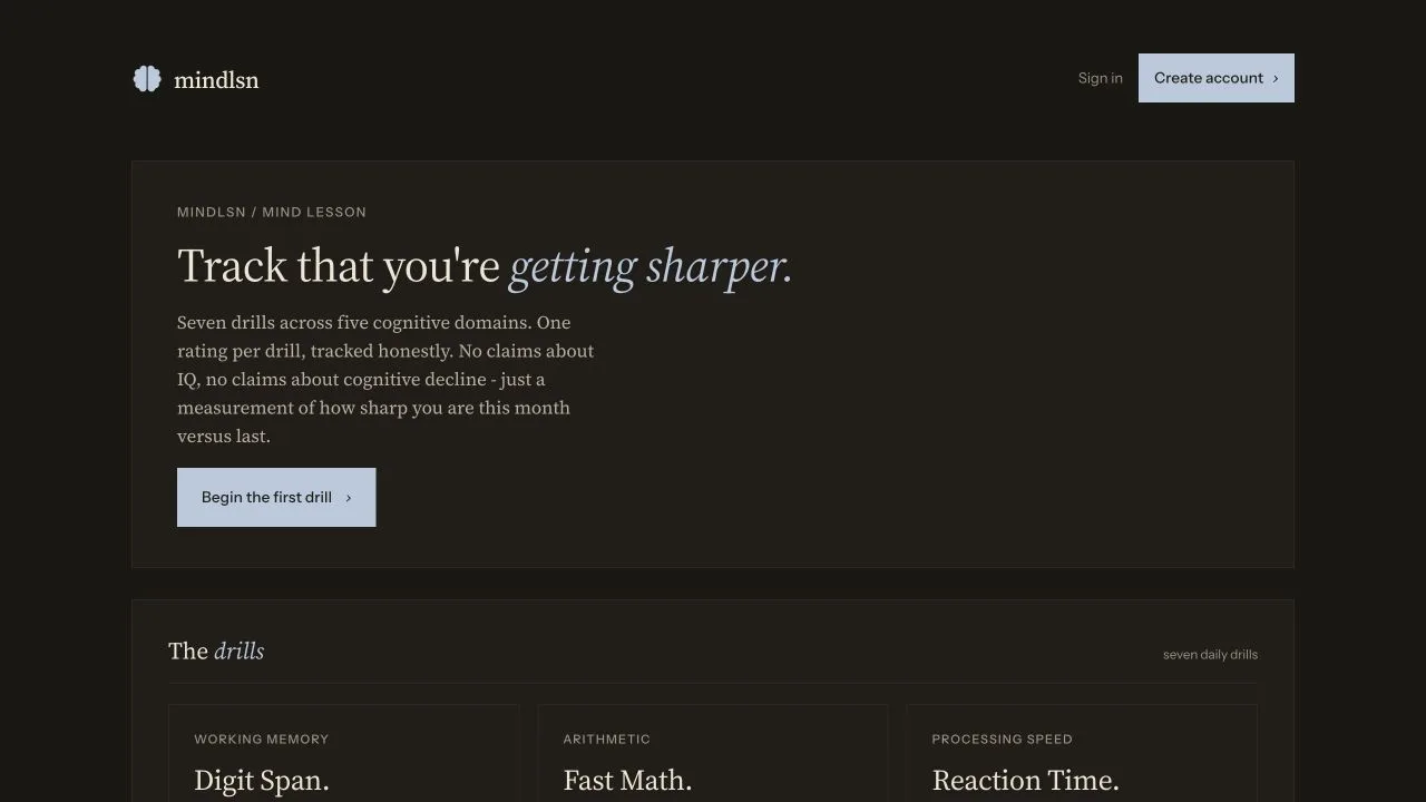 MindLSN landing page showing its cognitive drills and Mind Index product